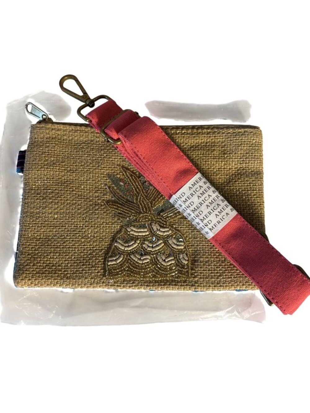 Woven Tote With Beaded Pineapple Wooden Circular Handles Colorful Fabric Lining - Picture 11 of 16